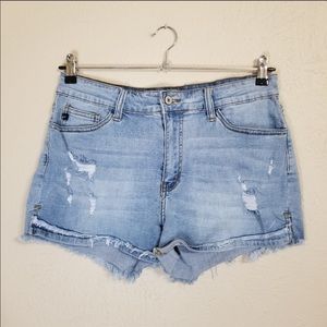 KanCan High Rise Distressed Raw Hem Denim Shorts